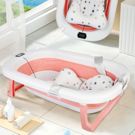 Bañera plegable para bebé con termómetro, cojín, alfombrilla antideslizante y orificios de drenaje. Ideal para recién nacidos y niños pequeños (rosa). (1/5)