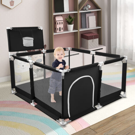 Barrera de seguridad para parque infantil, malla transpirable, amplia zona de juego segura, mini aro de baloncesto y 50 pelotas - Negro 126 x 126 x 66 cm