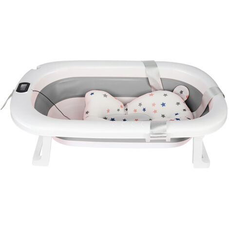 Bañera plegable para bebé con termómetro, cojín, alfombrilla antideslizante y orificios de drenaje. Ideal para recién nacidos y niños pequeños (gris).