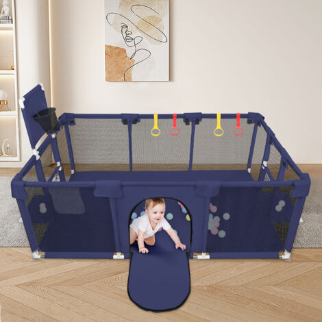 Barrera de seguridad para parque infantil, malla transpirable, amplia zona de juego, mini aro de baloncesto y 50 pelotas - Azul 180 x 120 x 66 cm (1/5)