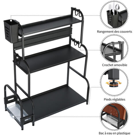 Especiero de cocina, soporte metálico para especias, estante de pie de 3 niveles, organizador de especias para encimera, con soporte para utensilios y soporte para tabla de cortar, con 6 ganchos, negr
