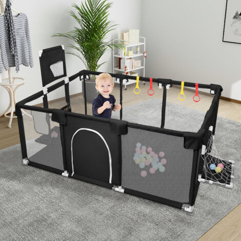 Barrera de seguridad para parque infantil, malla transpirable, amplia zona de juego, mini aro de baloncesto y 50 pelotas, color negro, 180 x 120 x 66 cm