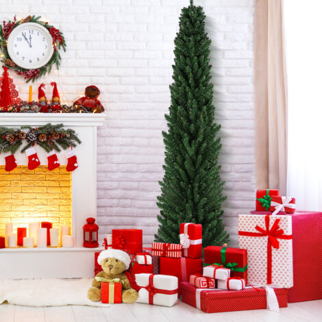 Árbol de Navidad artificial delgado de 210 cm, árbol de Navidad artificial para decoración navideña, material de PVC, decoración para fiestas y festividades, verde, con soporte de metal. (1/5)