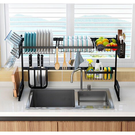 Escurridor de platos sobre el fregadero, acero inoxidable, para  almacenamiento de utensilios de cocina, negro
