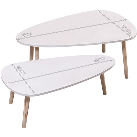 Juego De Mesas Nido Para Salón | 2 Mesas Ovaladas Blanco Y Gris | Patas De Haya | Fácil Montaje | Estilo Nórdico