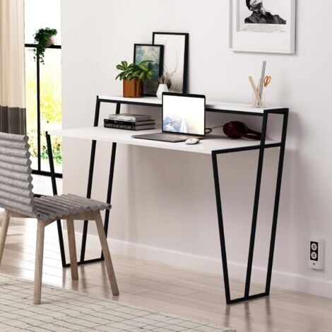 FWStyle Modern Home Office Student Study Desk Black Metal Frame Matt White