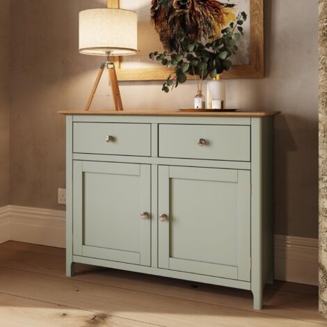 Oak Veneer Sideboard Sage Green 2 Doors 2 Drawers Storage Cabinet