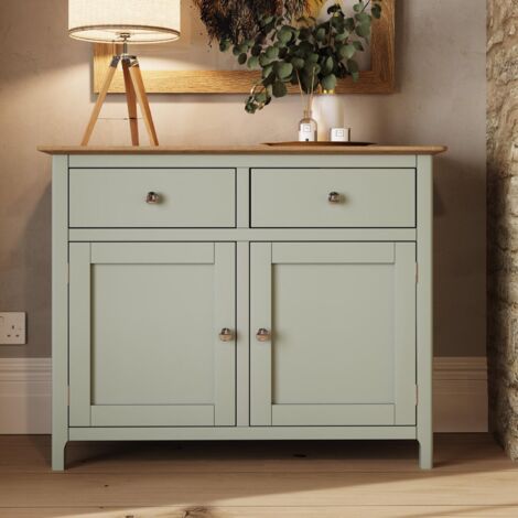 Oak Veneer Sideboard Sage Green 2 Doors 2 Drawers Storage Cabinet