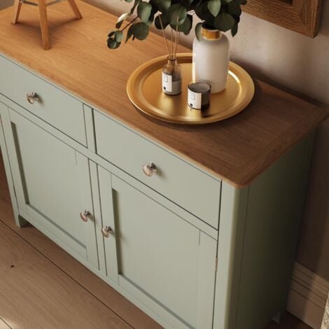 Oak Veneer Sideboard Sage Green 2 Doors 2 Drawers Storage Cabinet