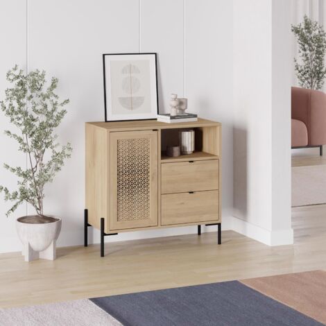 1 Door 2 Drawer Storage Cabinet - Sapphire Oak Finish with Black Metal Frame Height: 80 cm x Width: 100 cm x Depth: 39.6 cm