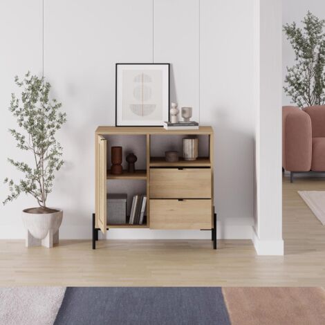 1 Door 2 Drawer Storage Cabinet - Sapphire Oak Finish with Black Metal Frame Height: 80 cm x Width: 100 cm x Depth: 39.6 cm
