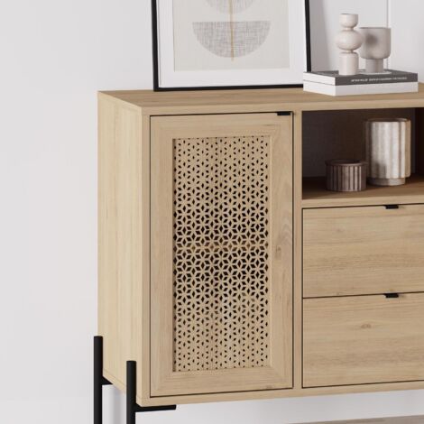 1 Door 2 Drawer Storage Cabinet - Sapphire Oak Finish with Black Metal Frame Height: 80 cm x Width: 100 cm x Depth: 39.6 cm