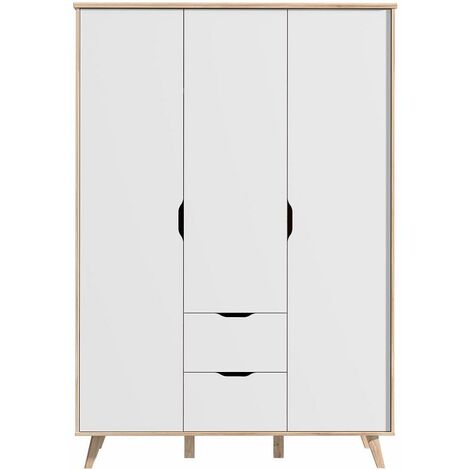 Forte Scandinavian 3 Door 2 Drawer Combination Wardrobe - Matt White & Light Oak - White