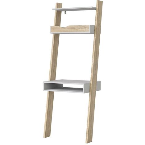 Oslo Leaning Ladder Bookcase Desk - Matt White/ Light Oak - Light Oak