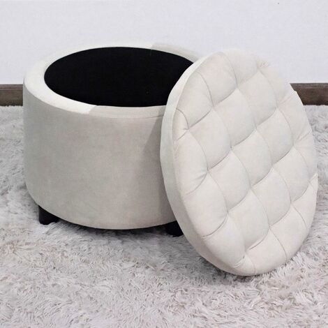 Cream Velvet Round Ottoman Storage Stool Footrest - Cream