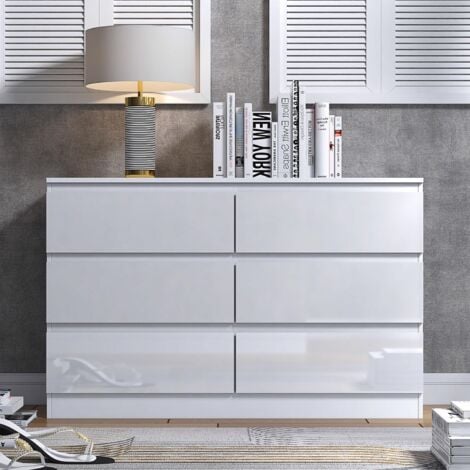 FWStyle 6 Drawer White Gloss Chest Of Drawers Bedroom Furniture