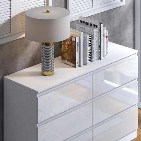 FWStyle 6 Drawer White Gloss Chest Of Drawers Bedroom Furniture