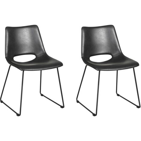 Pair Faux Leather Dining Chairs Padded Seat Kitchen Chair Set Metal Legs - Black