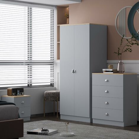 3 Piece Grey Bedroom Furniture Set Chest of Drawers Wardrobe Bedside Table