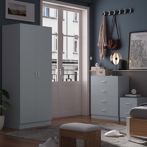 3 Piece Grey Bedroom Furniture Set Chest of Drawers Wardrobe Bedside Table