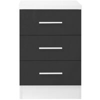 Dark Grey Gloss 3 Drawer Tall Bedside Cabinet Table Matt White Frame - Grey