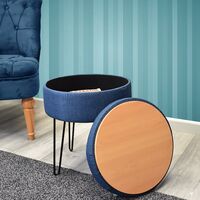 Round Storage Stool in Blue Linen Fabric. Black Hairpin Legs. Stands 45cm tall. - Blue