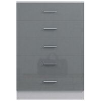 Tall Grey Gloss 5 Drawer Bedroom Furniture Chest of Drawers.Matt White Frame. - Grey