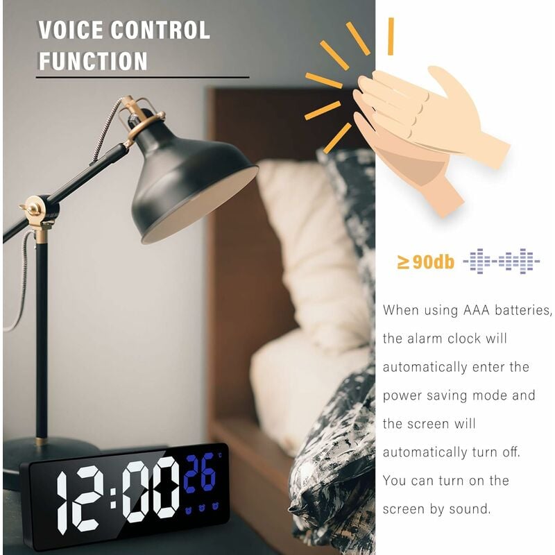 Réveil numérique à commande vocale, horloges intelligentes à LED,  TeperMobSnooze, mode nuit, horloge de table de