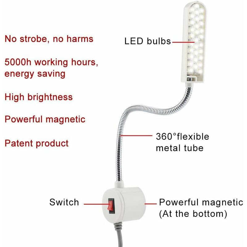 Hyuduo Lampe LED avec base magnétique, lumière blanche froide 7 W, long col  de cygne flexible, lampe de travail de bureau, lampe de machine à coudre