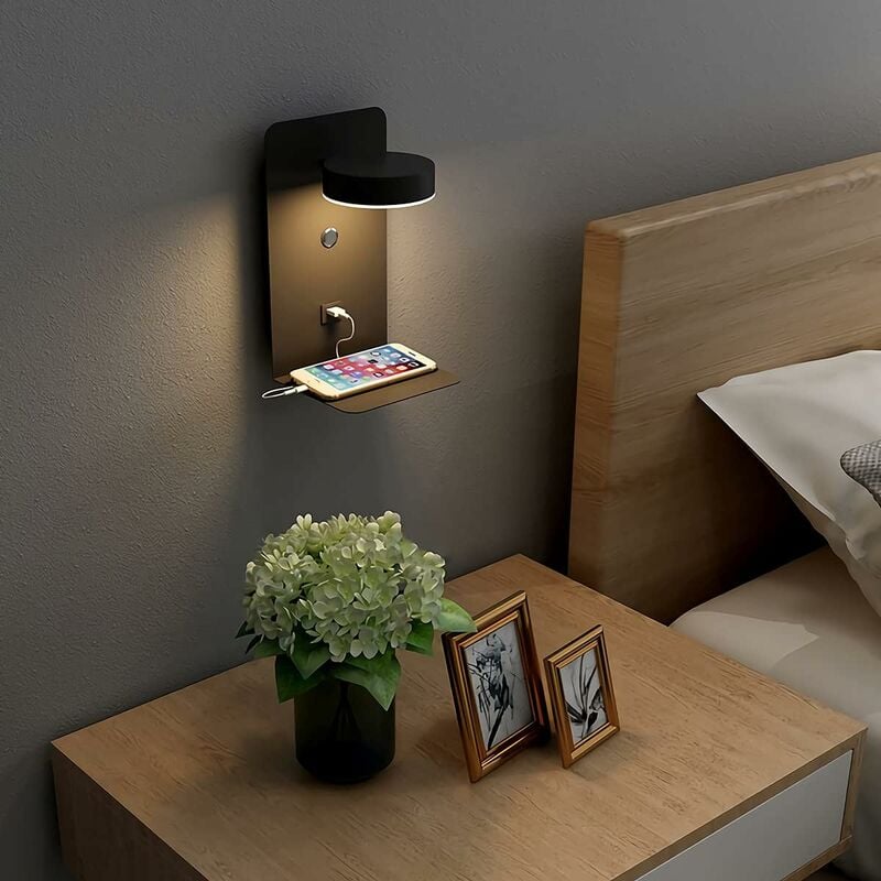 Lampe Murale LED de Lecture Noir Moderne avec Port Charge USB - Appliques  Murales Rotative Réglable avec étagère - Luminaire Intérieur Veilleuse