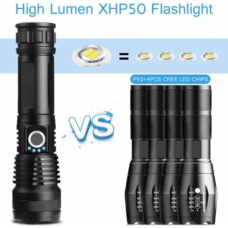 Lampe de poche étanche LED haute puissance 30000-100000 lumens, Ultra  lumineuse 3 modes la plus puissante rechargeable USB XLM-P70 50W (50W  XLM-P70, Double batterie au lithium) : : Bricolage