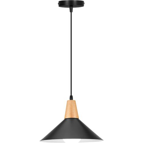 Suspension Luminaire Industrielle LIGKIN E27 - Abat-jur Métal Et Bois Pour Cuisine, Salon, Café