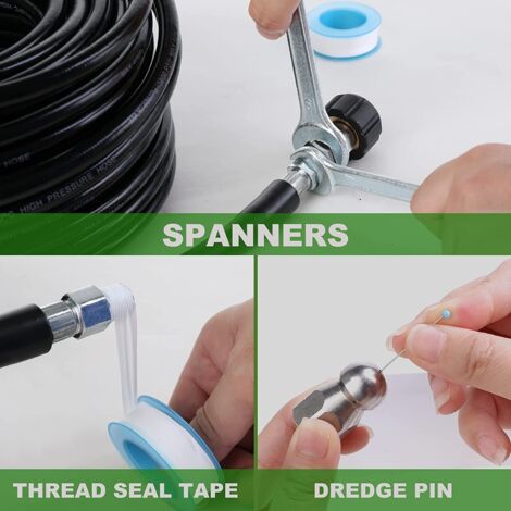 GROOFOO Tuyau Débouche Canalisation pour Kärcher,Kit de Nettoyage du Tuyau de Vidange du Nettoyeur Haute Pression avec Buse à Jet et Buse à Jet Rotatif pour Kärcher K2-K7 Séries et LAVOR(20M)