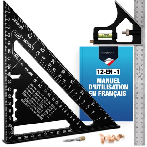 GROOFOO Equerre Menuisier (Set de 2) - Kit Complet Équerres de Charpentier 12-EN-1 - Équerre Trusquin Metal 185mm + Outils de Traçage 300mm - Equerres Multifonctionnels pour Bricolage Outillage