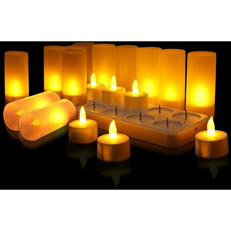 Lot de 12 Bougie LED Rechargeable Bougies à électrique LED Flamme Vacillante avec Station de Charge Décoration pour Noël Anniversaire Mariage Dner Votive Restaurant Htel Café Bar,(Jaune)