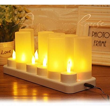 Lot de 12 Bougie LED Rechargeable Bougies à électrique LED Flamme Vacillante avec Station de Charge Décoration pour Noël Anniversaire Mariage Dner Votive Restaurant Htel Café Bar,(Jaune)