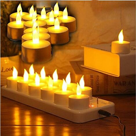 Lot de 12 Bougie LED Rechargeable Bougies à électrique LED Flamme Vacillante avec Station de Charge Décoration pour Noël Anniversaire Mariage Dner Votive Restaurant Htel Café Bar,(Jaune)