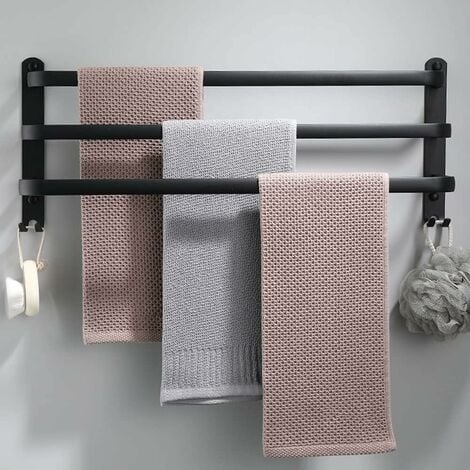 Porte-serviettes mural en aluminium - 3 étages - Avec crochets - 60 cm -  Étanche - Noir - Pour salle de bain, cuisine, salle de bain.