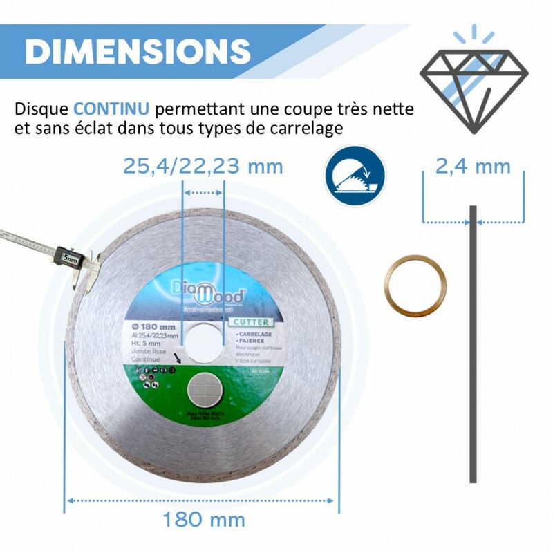 Disque diamant D. 180 x2,4 x 30/25,4/22,23 mm - HT. 5 mm 