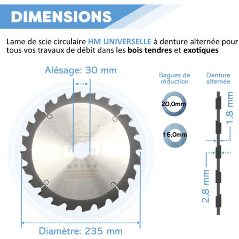 Lame de scie circulaire portative HM débit D. 235 x Al. 30 x ép. 2,8/1,8 mm x Z24 Alt pour bois - Diamwood