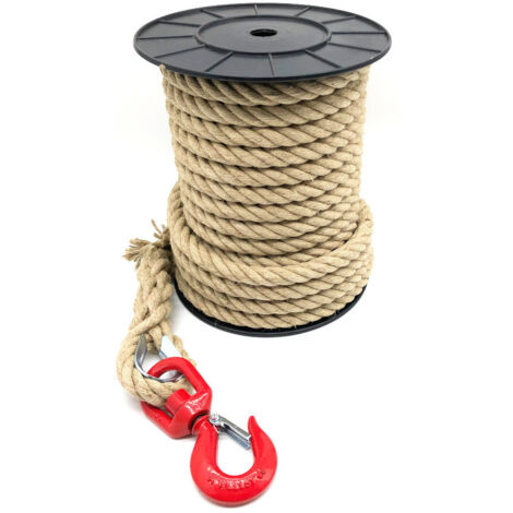 Corde à poulie avec cordage Chanvre D. 20/22 mm x L. 25 mètres + crochet à émerillon C.M.U 1500 Kg avec linguet - D-Work (1/5)