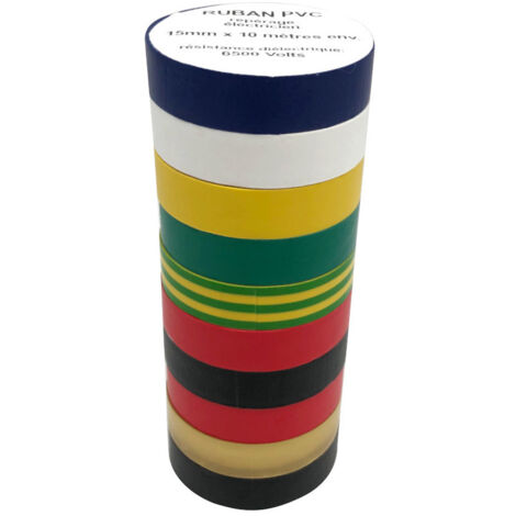 Lot de 10 rouleaux rubans adhésifs PVC isolant 15 mm x  L. 10 mètres "Spécial éléctricien" - Coloris assortis - D-Work (1/5)