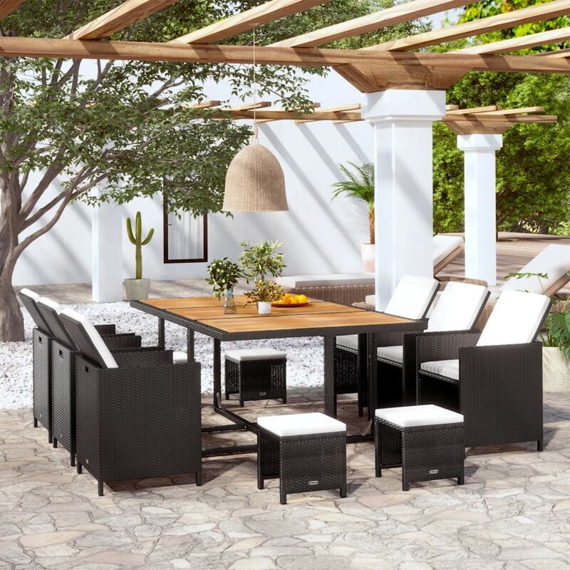 Outsunny Set Tavolo e Sedie da Giardino 7 Pezzi in PE Rattan e Legno,  Mobili da Esterni con Cuscini Morbidi, Nero Legno