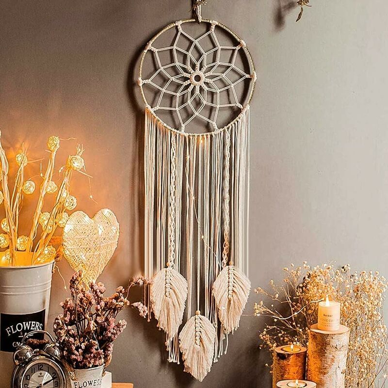LONGZIMING Macrame Dream Catcher Wall Decor tessuto a mano Wall Art Bohemian Home Decor Nappa Arazzi metallico CERCHIO Beige,9325CM