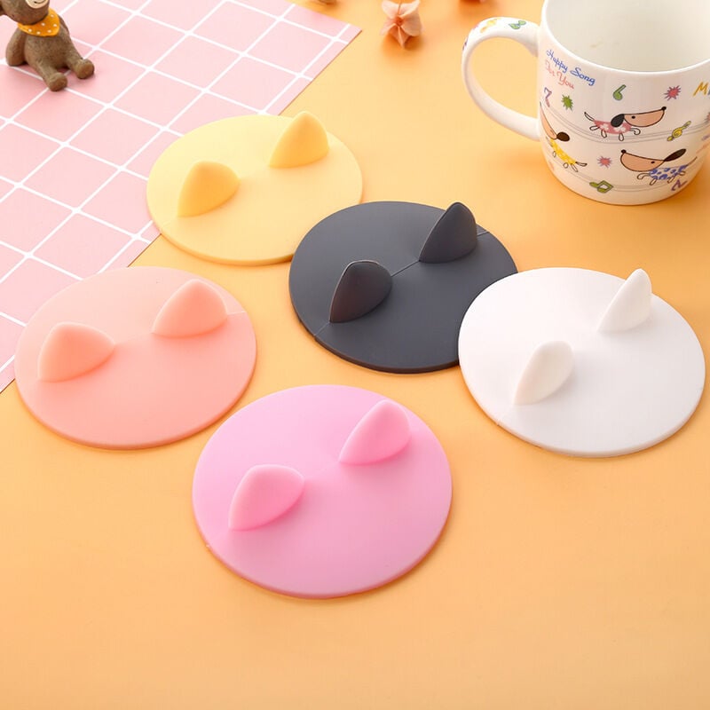 6Pcs Bella Anti-polvere In Silicone Orecchie di Gatto Copertura Della Tazza  A Prova di Perdite Coperchio Ermetico Sigillato per Caffè Tè Bere Tazza Nero