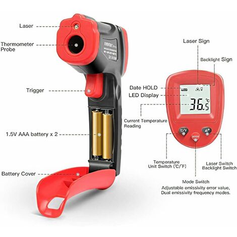 Termometro industriale】 Termometro a infrarossi, Termometro industriale,  【Non medico】 Termometro senza contatto, LCD digitale, nero / rosso