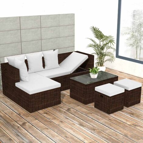 Set salottino da giardino in polyrattan marrone composto da 4 pezzi divano,  tavolino e 2 poltrone arredamento da esterno