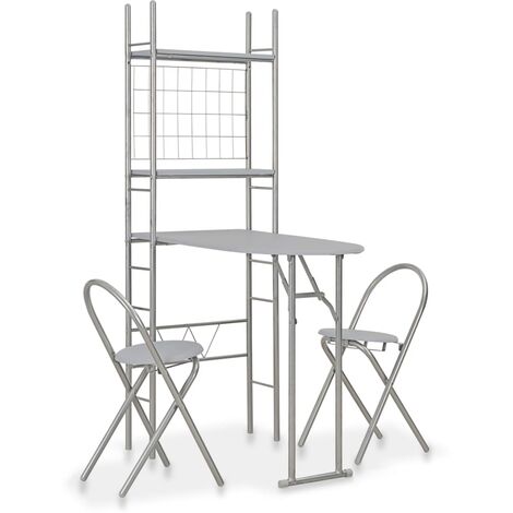 Set Tavolo e Sedie Pieghevoli Scaffale 3 pz MDF Acciaio Grigio