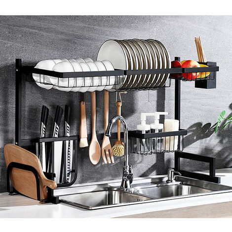 Escurridor de platos sobre el fregadero, escurridor de platos de acero  inoxidable de 2 niveles, con soportes para utensilios y 8 ganchos  utilitarios