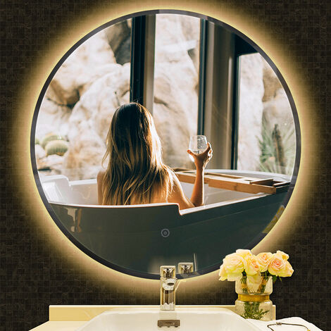  Espejo de baño redondo con luz LED iluminada, luz blanca cálida  y almohadilla de deshumidificación, tamaño: φ60/70/31.5 in : Hogar y Cocina